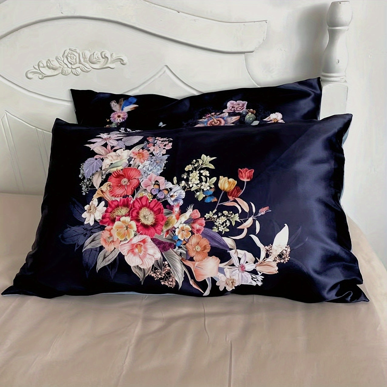 Set of 2 Satin Pillowcases with Floral Bird Patterns Reversible Envelope Closure