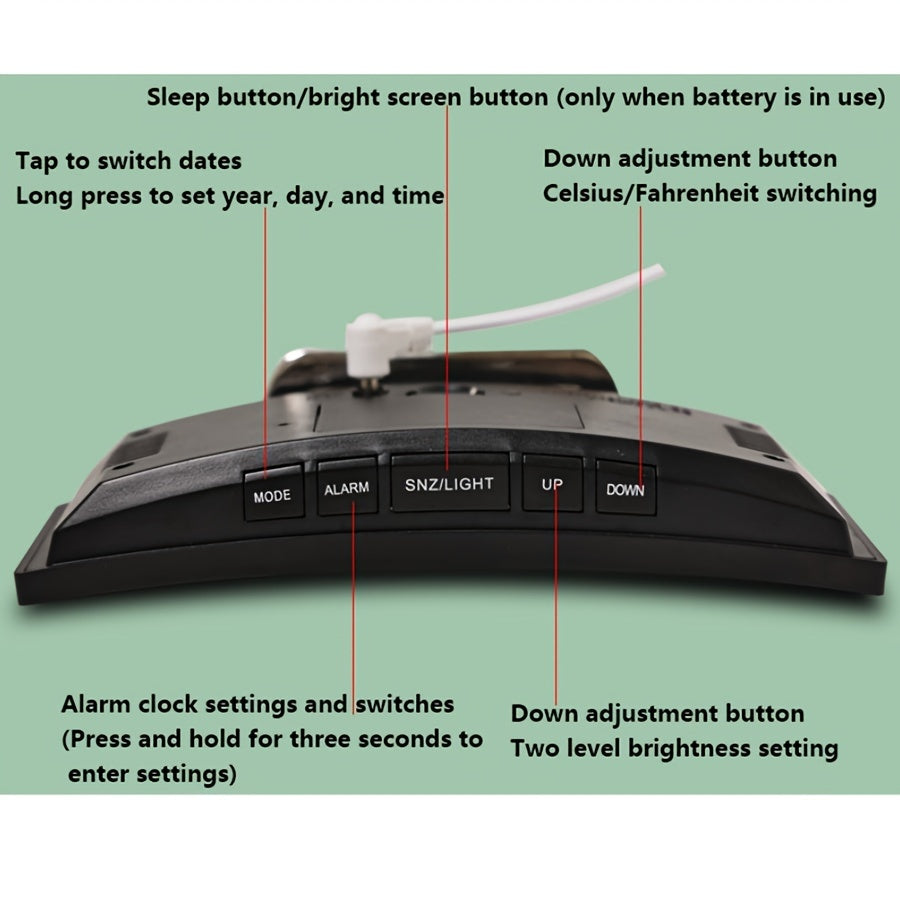Black LED Curved Alarm Clock with Temperature Humidity Display and USB Battery Power