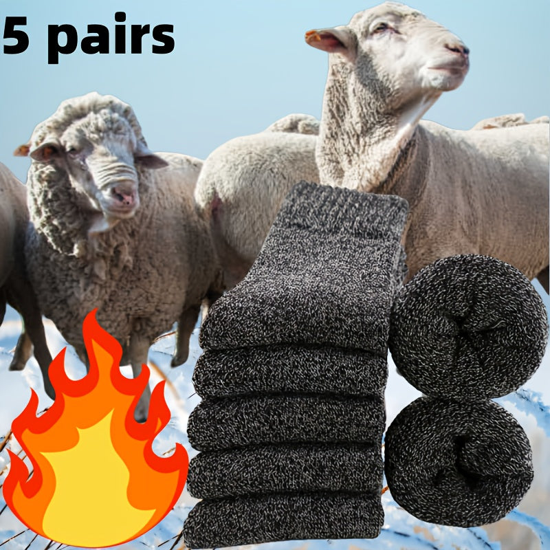 Men's Wool Blend Mid-Calf Winter Socks Set of 5 Solid Colors Warm Casual Gift-Ready