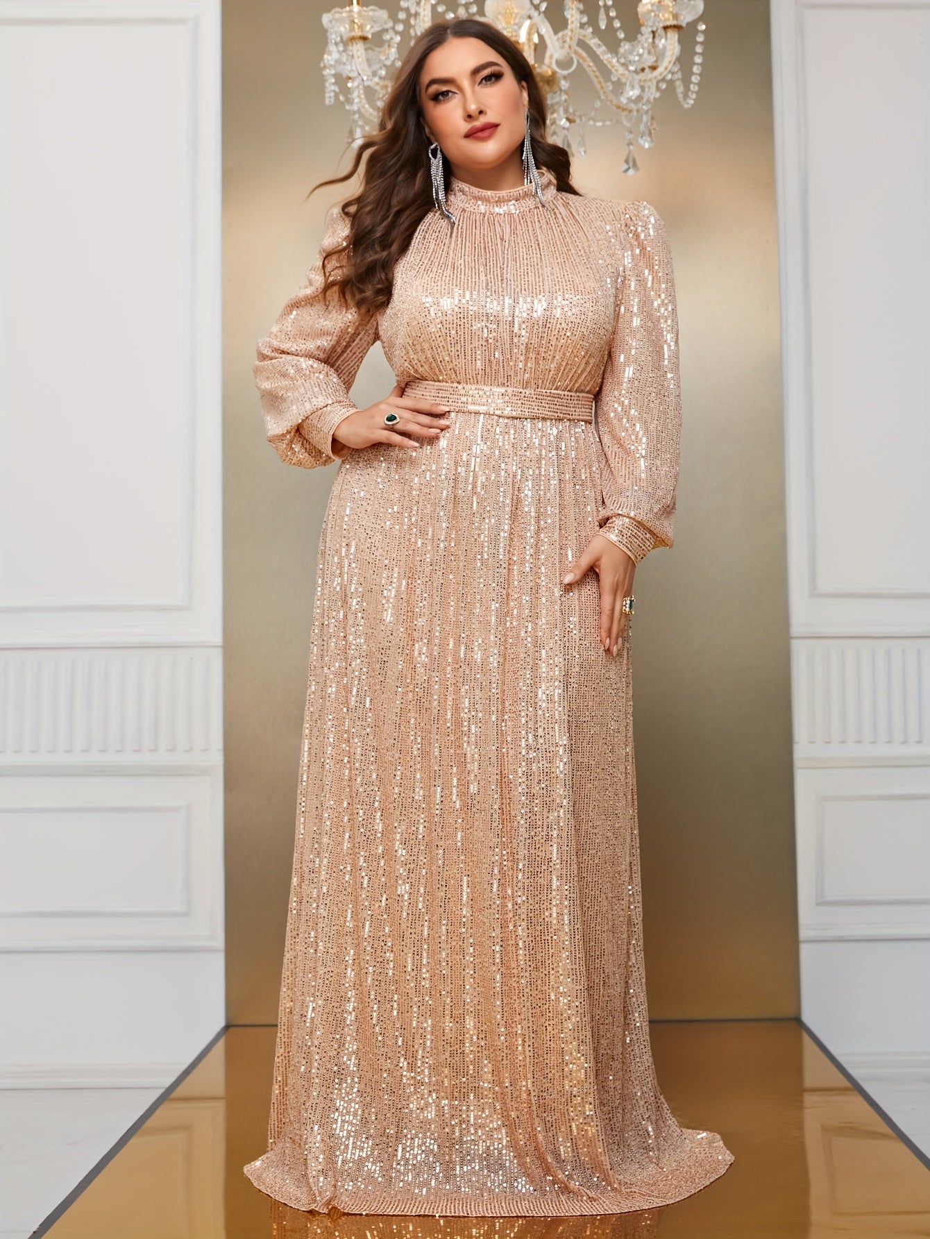 Plus Size Sequin Party Dress Long Sleeve Formal Gown for Weddings Proms