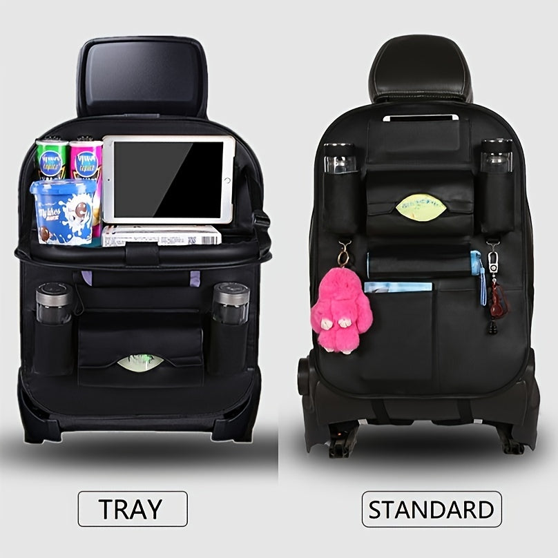 Universal Faux Leather Car Seat Organizer with Foldable Tray and Multiple Pockets