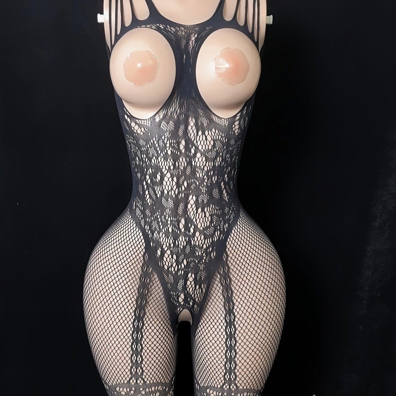 Plus Size Floral Fishnet Bodysuit Lace Cut-Out Sheer Nylon Lingerie