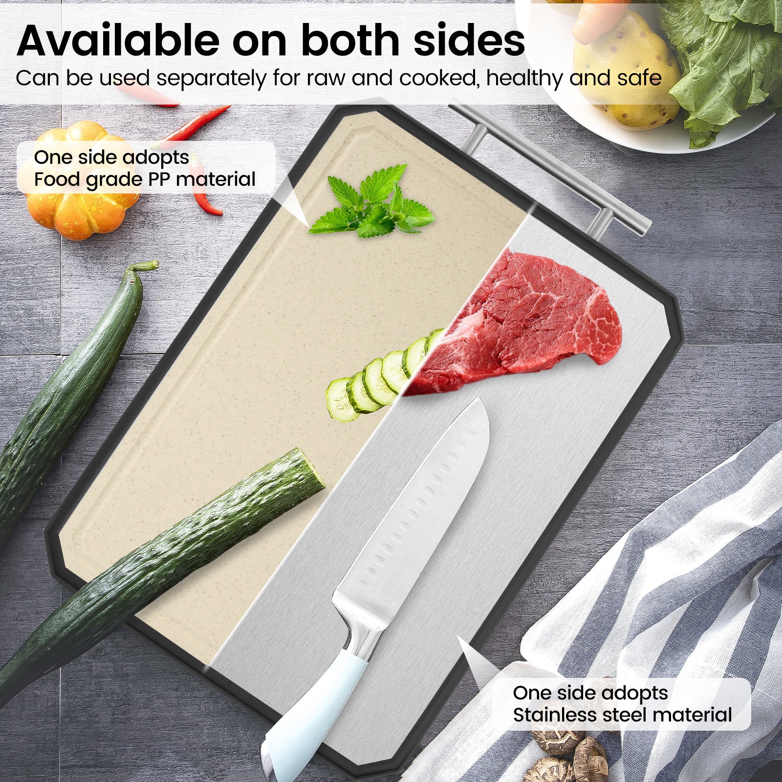 2-in-1 Stainless Steel and PP Cutting Board Set for Raw and Cooked Food Safety