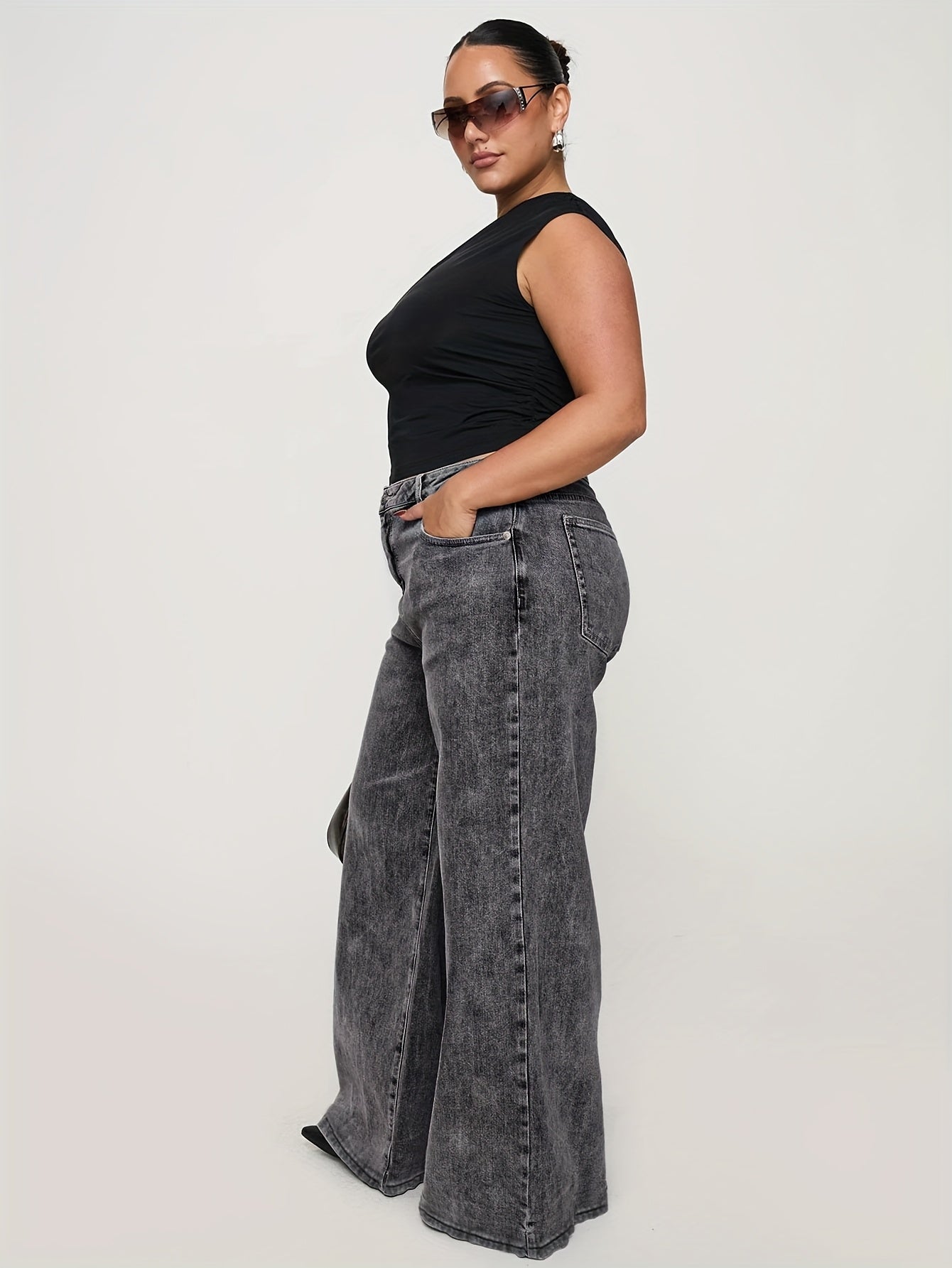 Women High Waist Stretch Denim Jeans Wide Leg Solid Color Casual