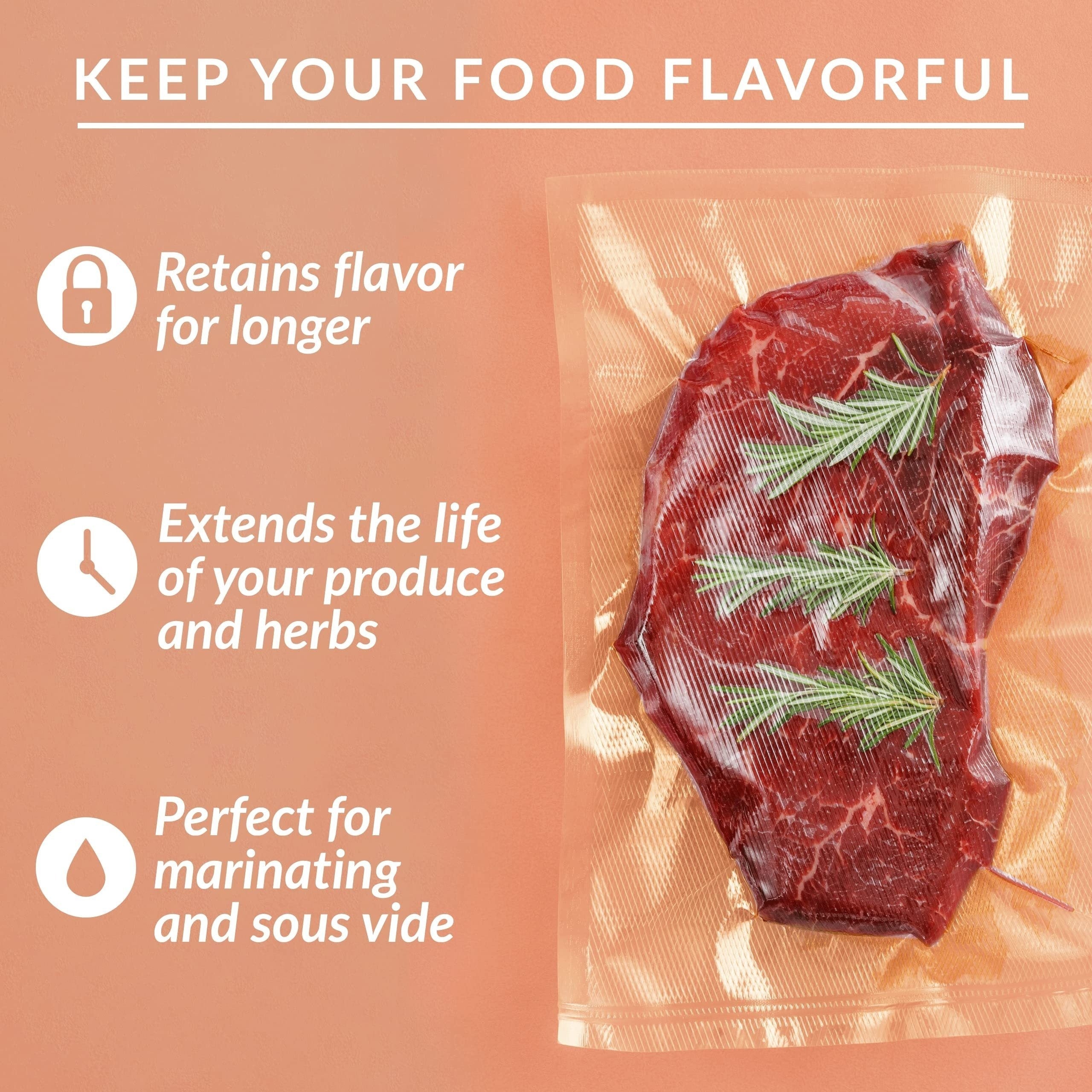 Oziq-ovqat saqlash uchun turli o'lchamdagi beshta vakuumli sumka. Ushbu sumkalar bisfenol A dan xoli va oziq-ovqatni saqlash va qadoqlash uchun ideal bo'lgan yetti qatlamli ko-extruded olmos naqshli vakuum filmi bilan tayyorlangan.