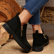 Women's Black Ankle Boots with Zipper, Round Toe, Thick Sole All-Season