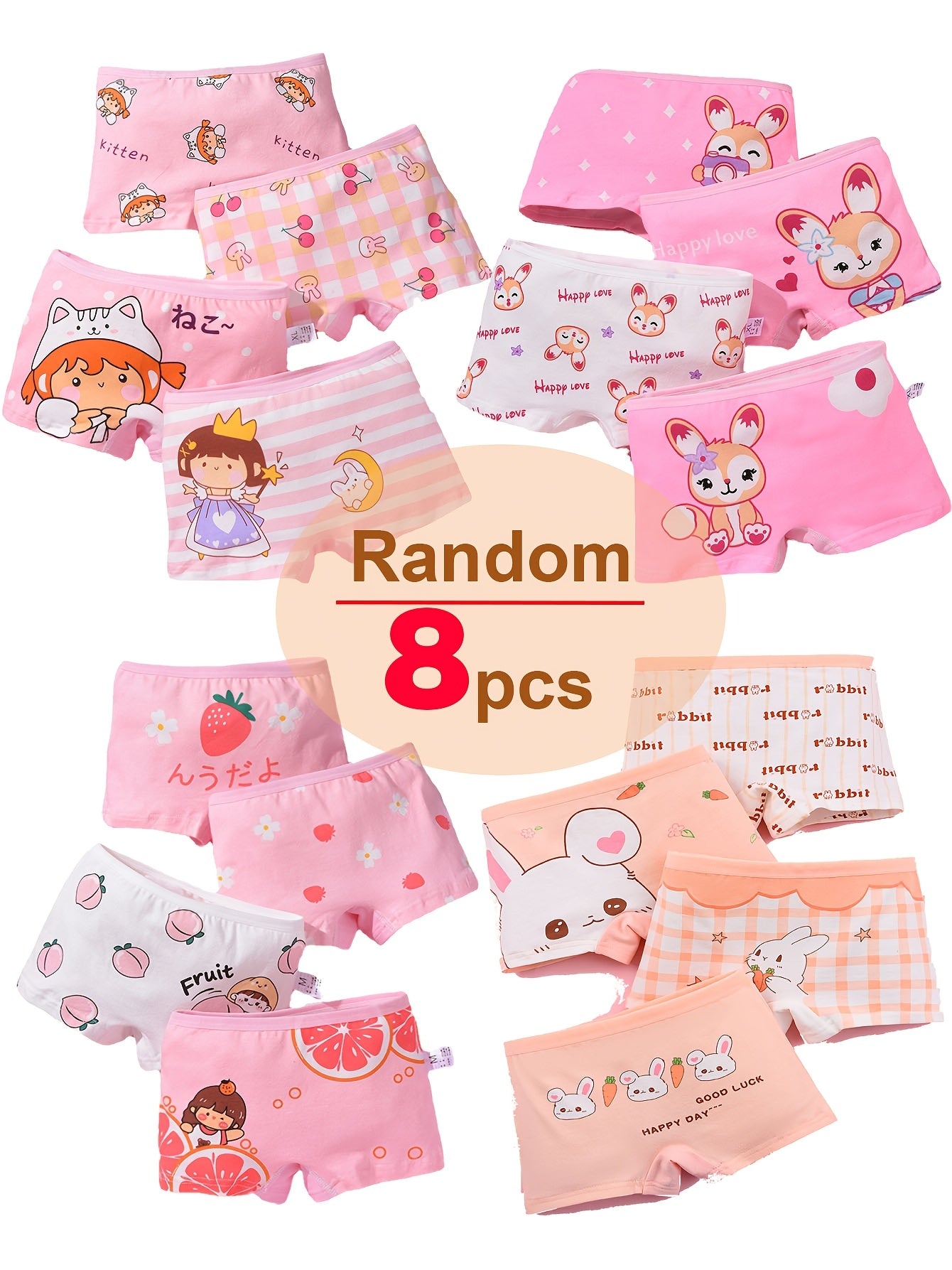 Girls' Cotton Briefs 8 Pack Cute Cartoon Print Soft Underwear for All Seasons