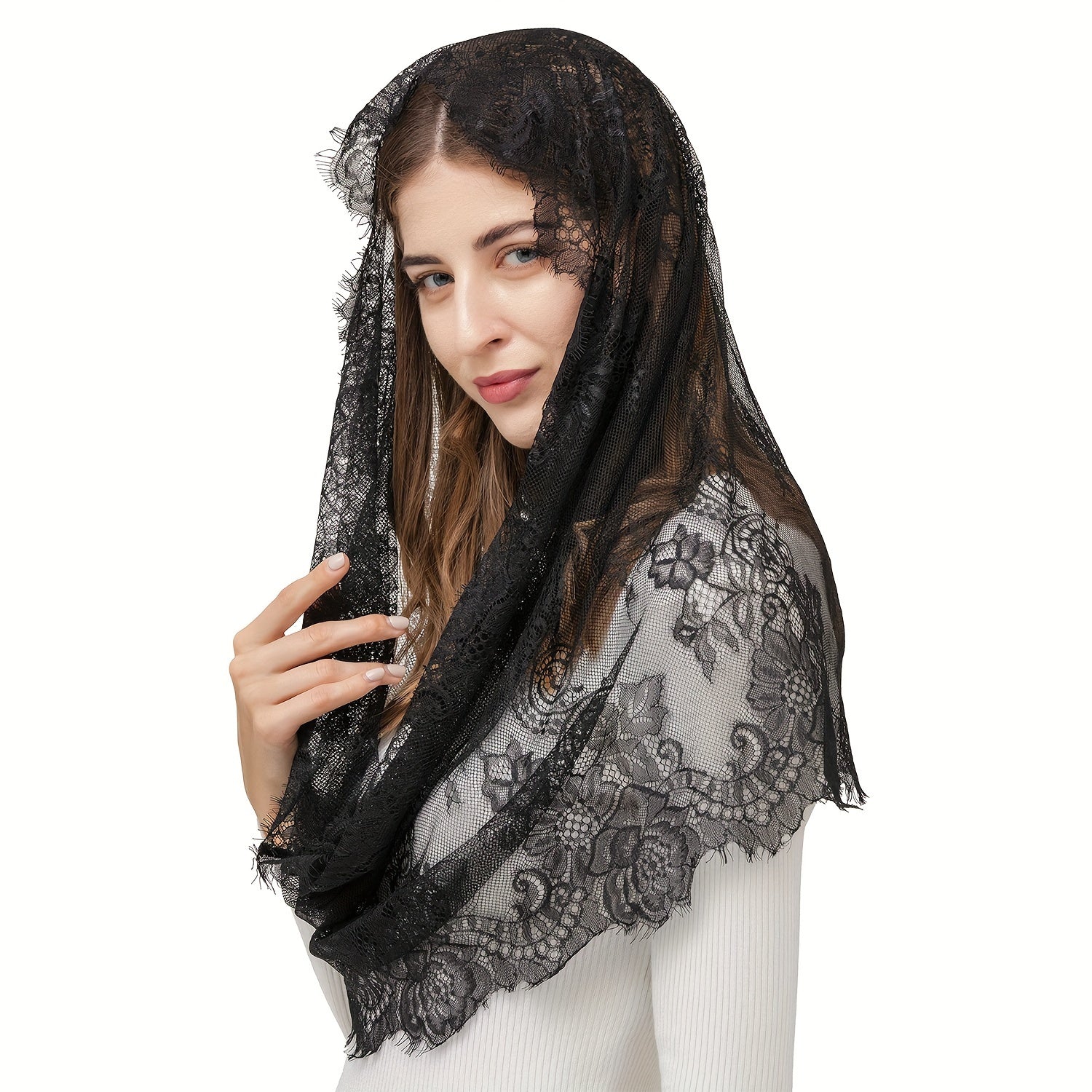 Lace Mantilla Veil with Vintage Style Infinity Shape for Latin Mass and Women