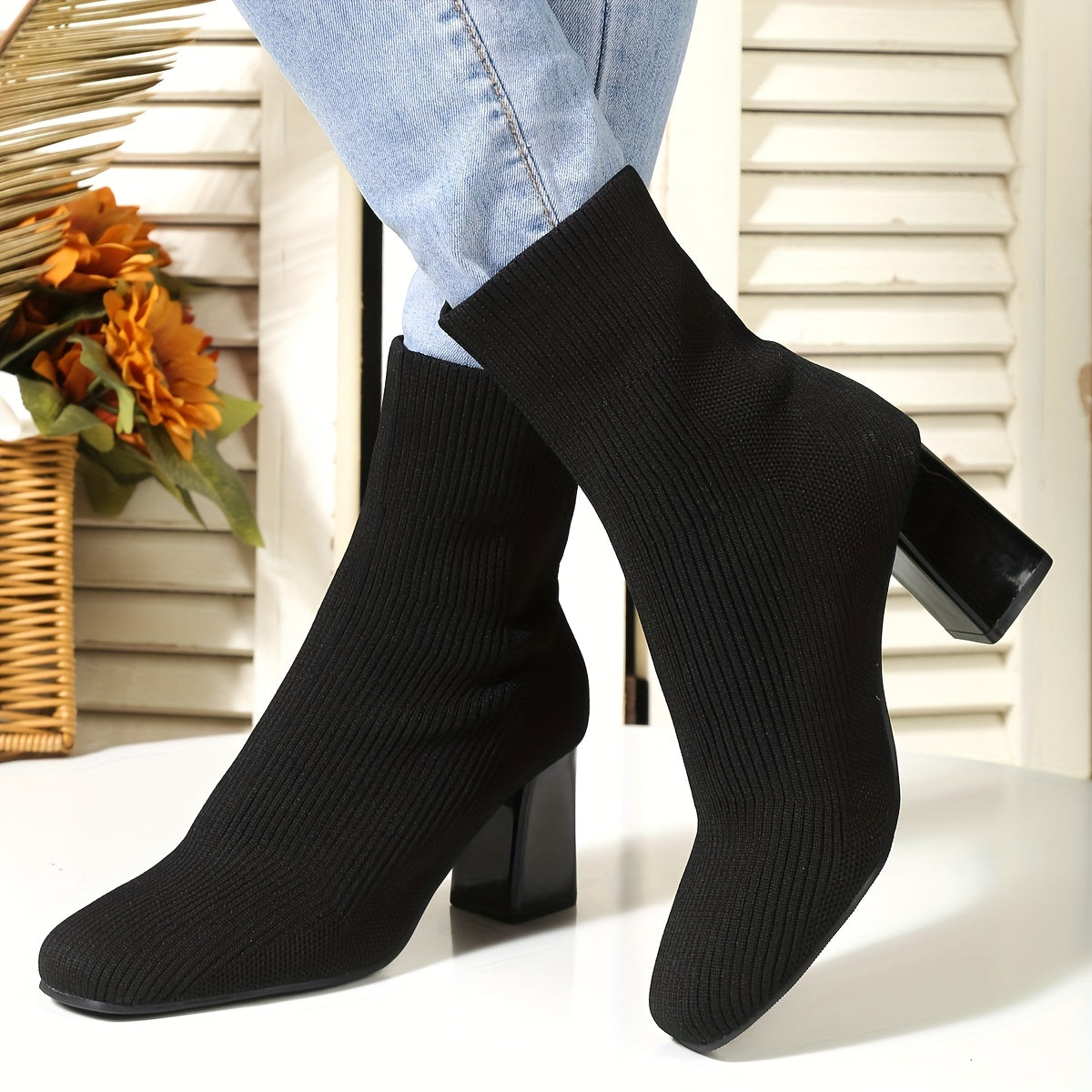 Women's Solid Color Slip On Casual Chunky Heel Mid Calf Boots