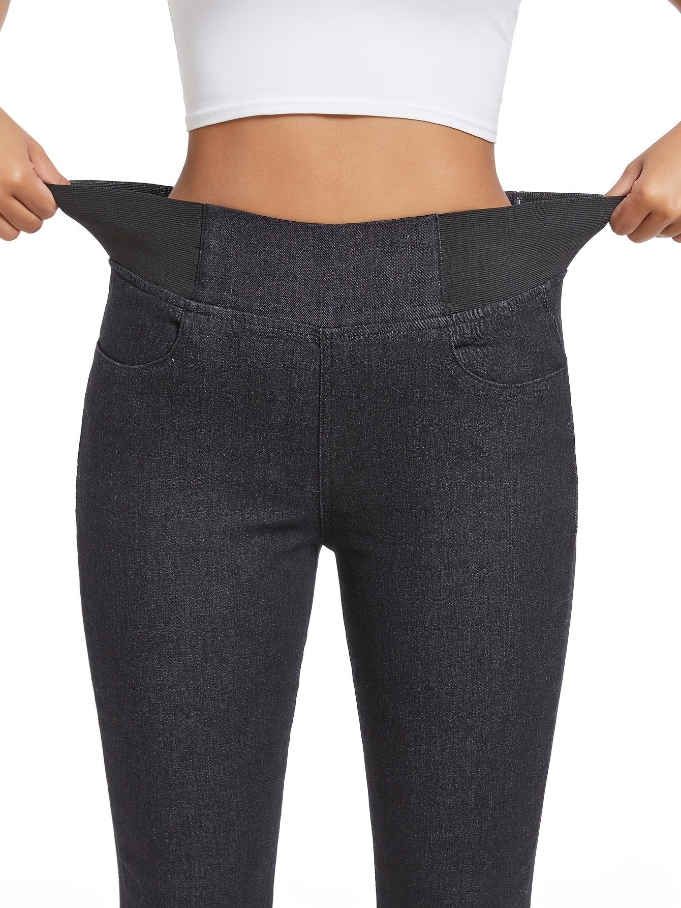 Ayollar uchun kengaytirilgan o'lchamli elastik denim jinsi, yuqori bo'yinli, tor fit, qora / qorong'i kulrang