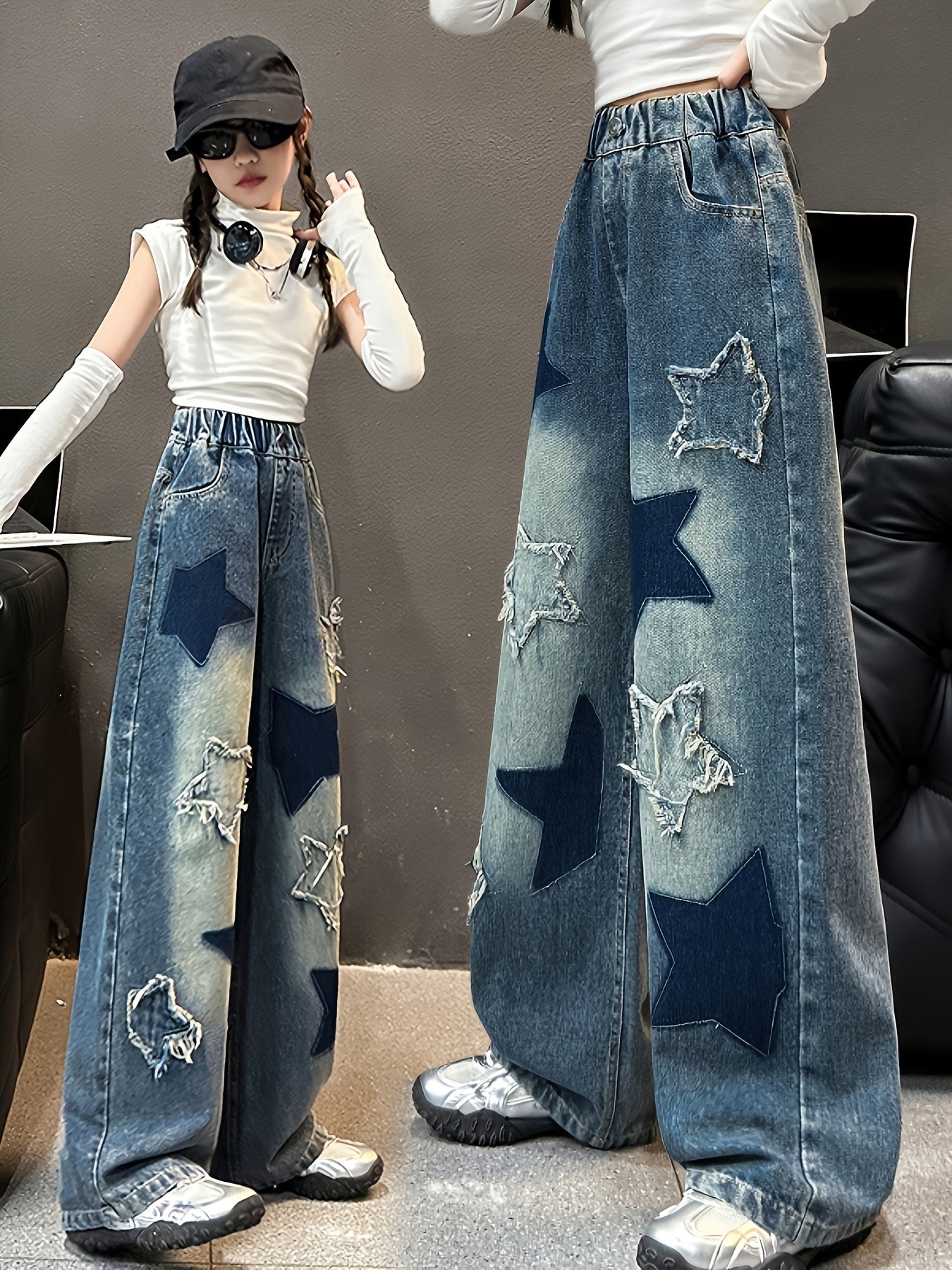 Kids Denim Jeans with Geometric Star Pattern, Loose Fit, Cotton Blend, All-Season