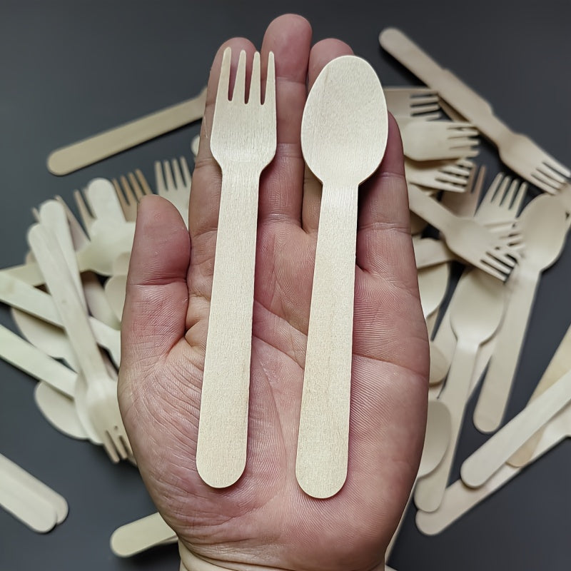 100 Biodegradable yog'och qoshiq va vilkalar, 14cm, bir martalik bayram uchun idishlar