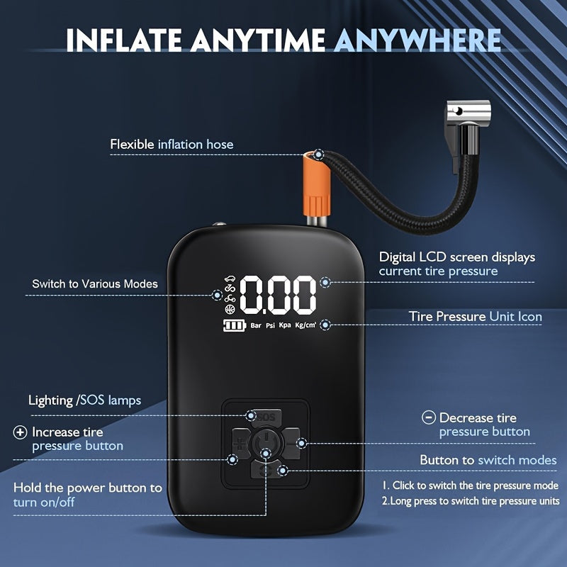 Portable Air Compressor Pump with Digital Display LED Light USB Charging Rechargeable Lithium Battery for Car Bike Motorcycle and Ball