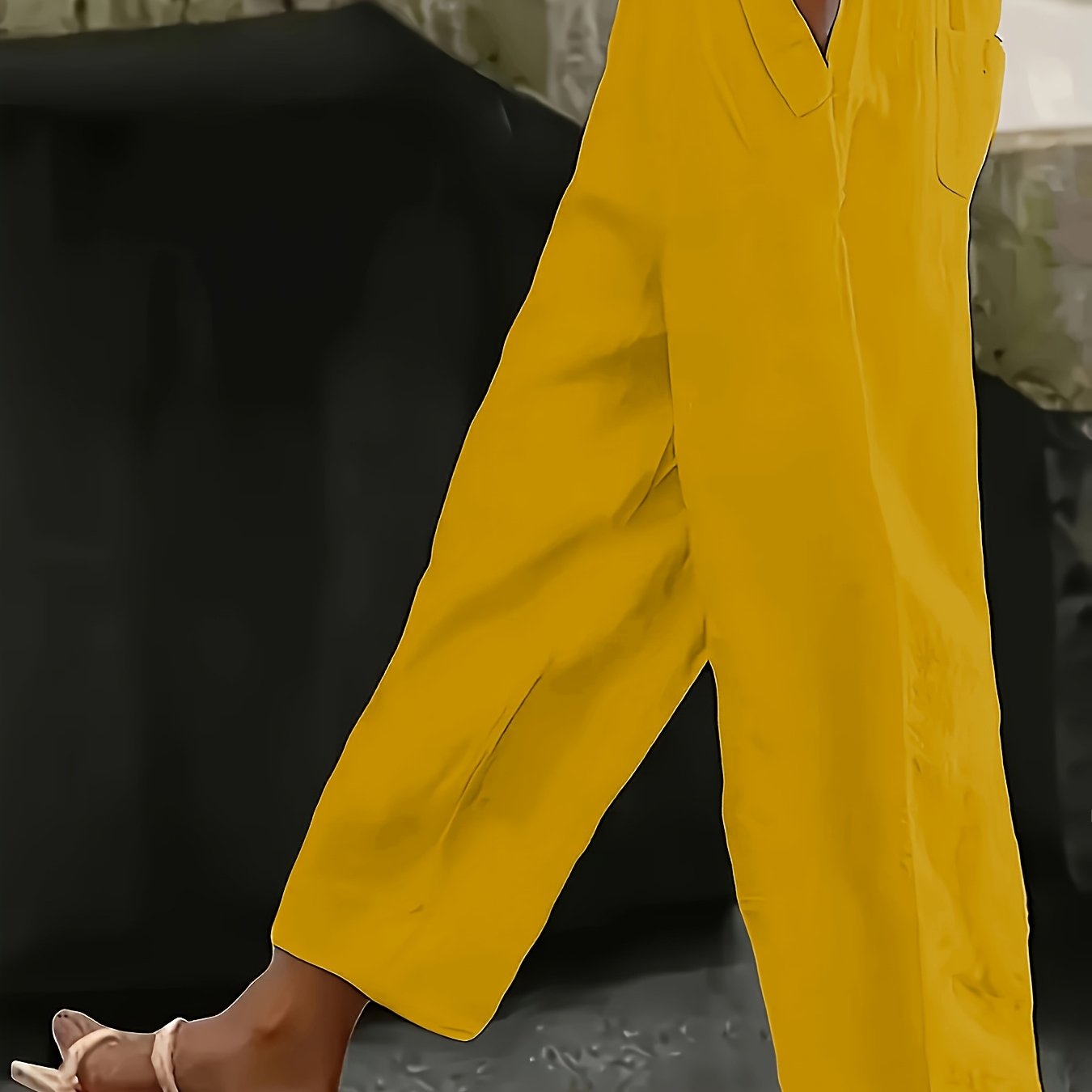 Pantalones casual de talla grande para mujer con cintura elástica y bolsillos, color sólido, pierna ancha