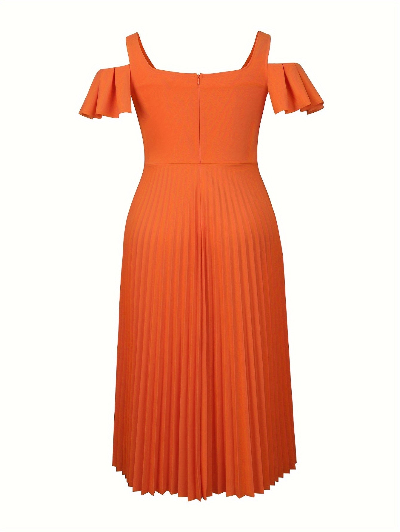 Plus Size Orange Midi Dress with Ruffle Sleeves and Pleated Detail