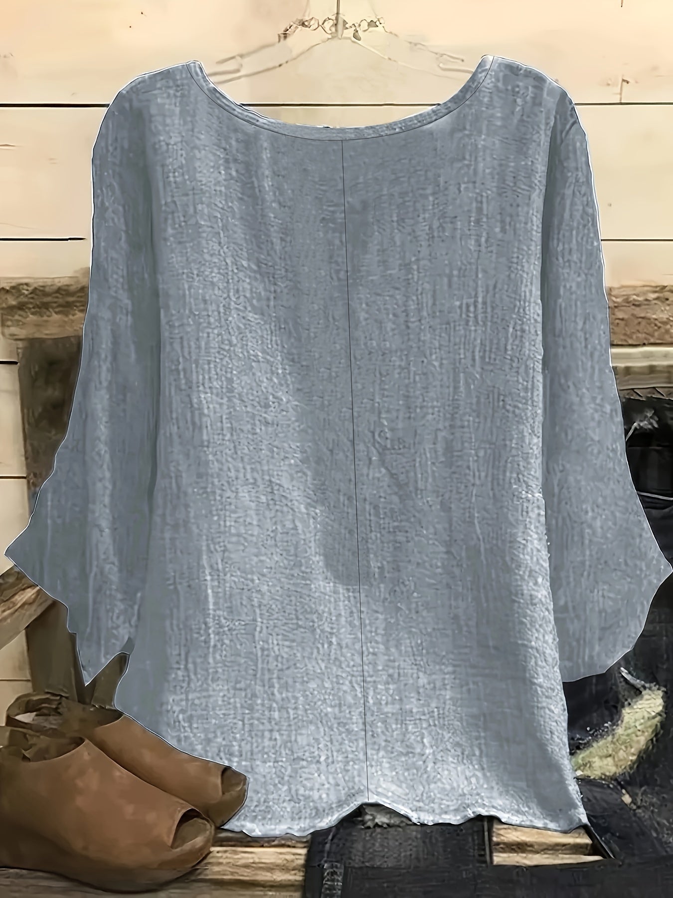 Plus Size Solid Color T-Shirt with 3/4 Sleeves for Spring Summer Casual Women