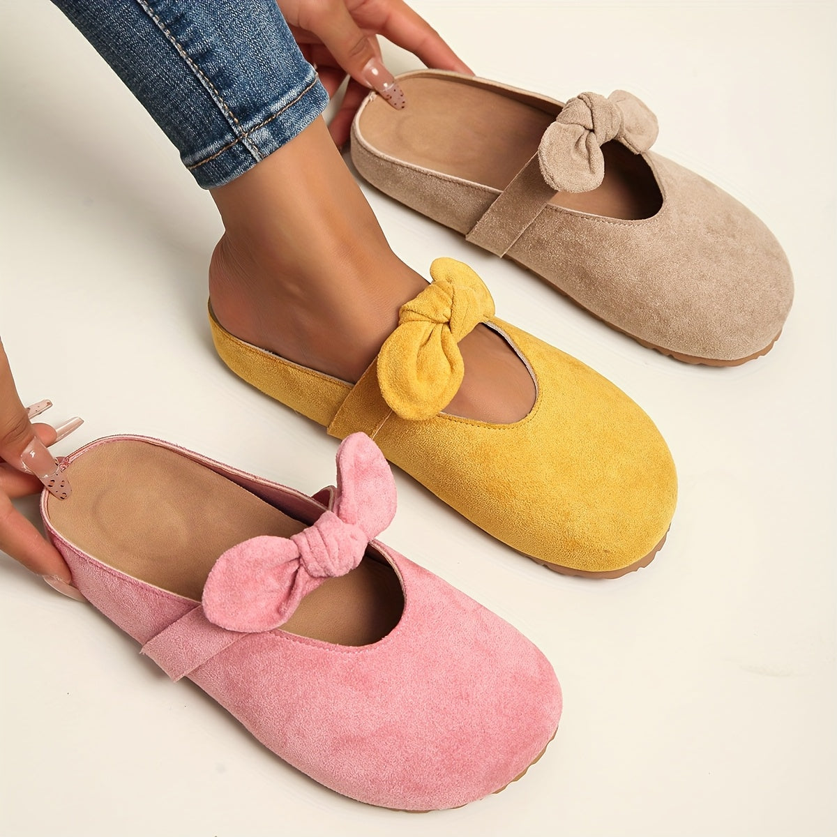 Women's Soft Sole Mules with Bow Comfort Slip-On Loafers Pink Yellow Beige