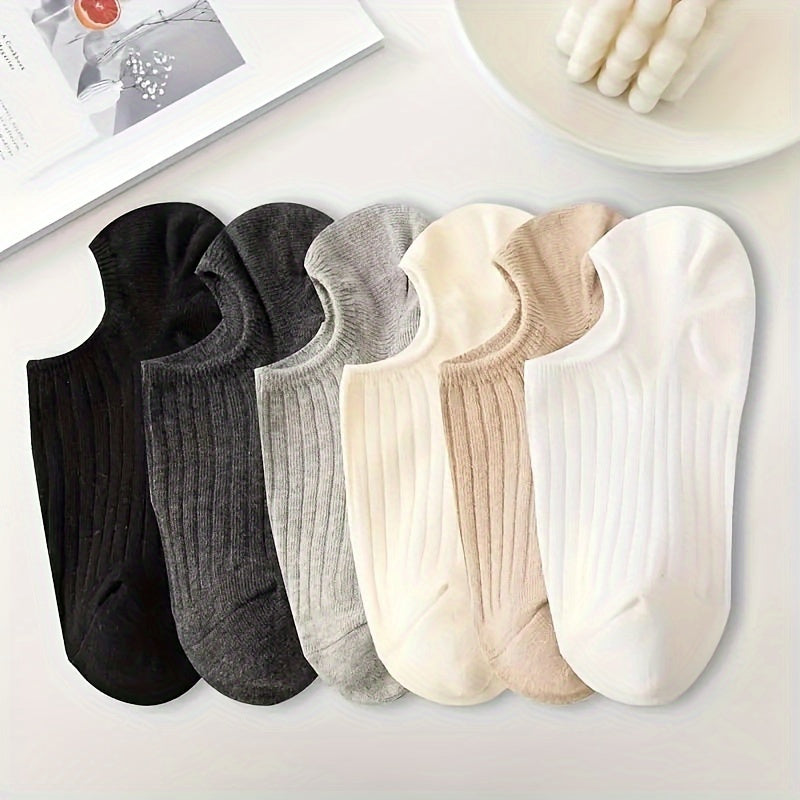 Women’s Invisible Boat Socks 6 Pairs Solid Color Knit Fabric All Seasons