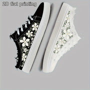 Women's Floral Print Skate Sneakers Black and White Casual Lace-Up Shoes