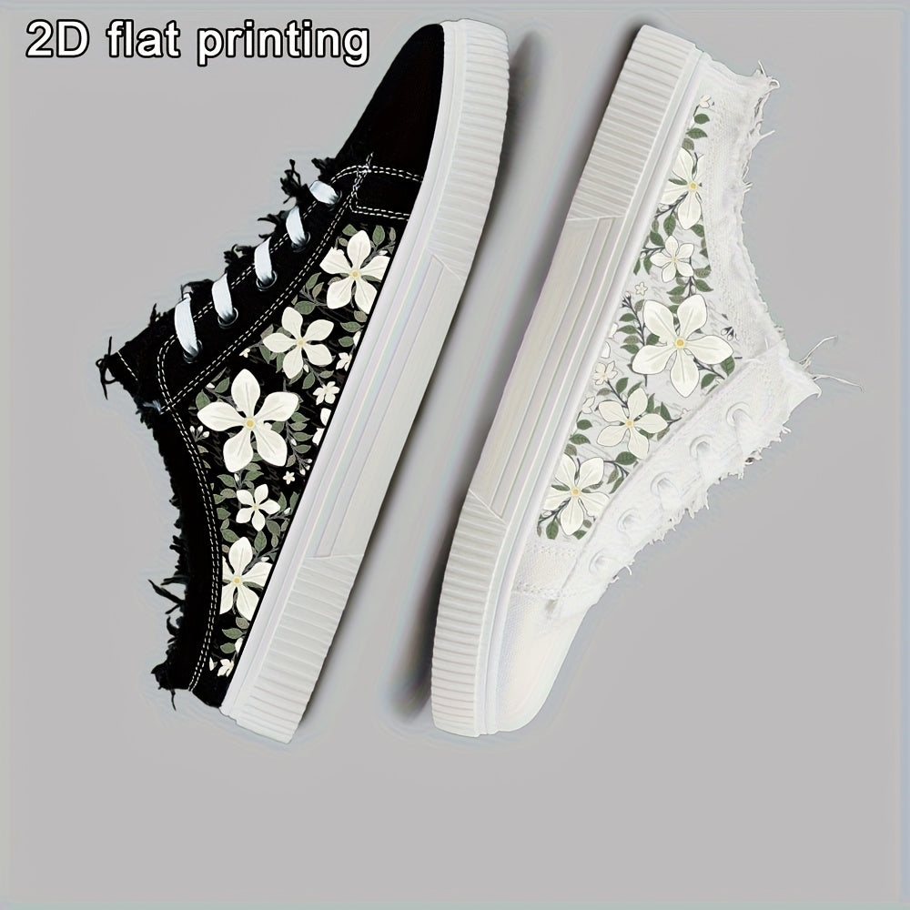 Women's Floral Print Skate Sneakers Black and White Casual Lace-Up Shoes