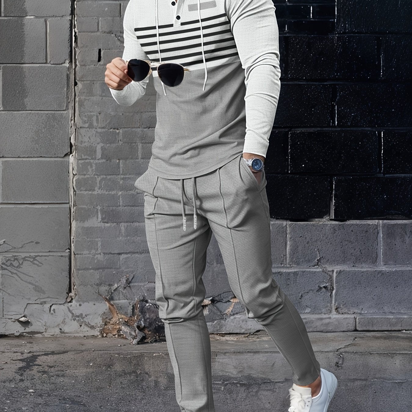 Autumn Waffle Striped Hooded Tracksuit Set for Outdoor Sports and Casual Wear