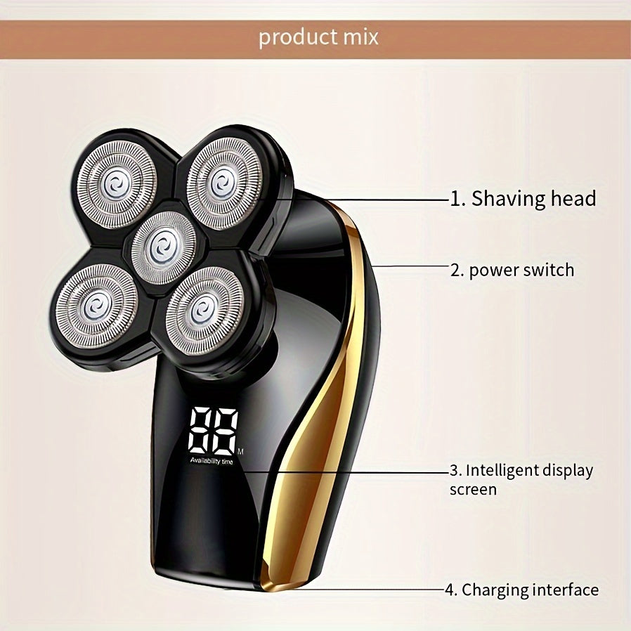 Cordless Bald Head Shaver 5 Rotary Blades LED Display Wet Dry Rechargeable Travel-Friendly