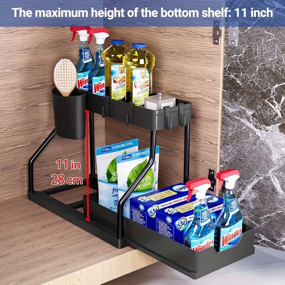 Expandable Under Sink Organizer 2-Tier Pull-Out Storage Rack with Hooks and Hanging Cup for Kitchen Bathroom