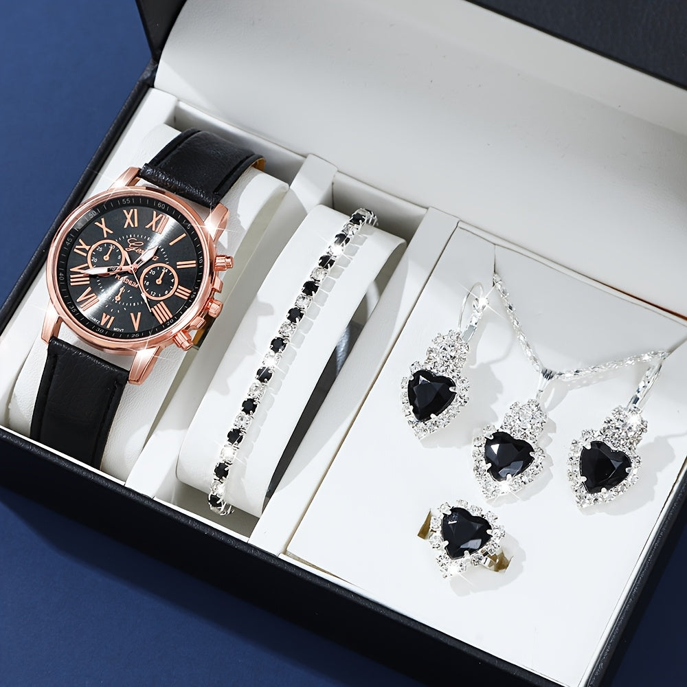 Quartz Watch and Jewelry Set with Shock-Resistant Round Analog-Digital Display and Blue Heart Accessory
