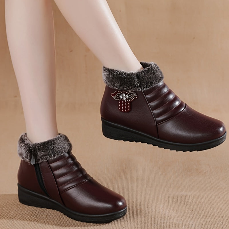 Women's Faux Fur Ankle Boots with Plush Lining Non-Slip Sole Red Bow