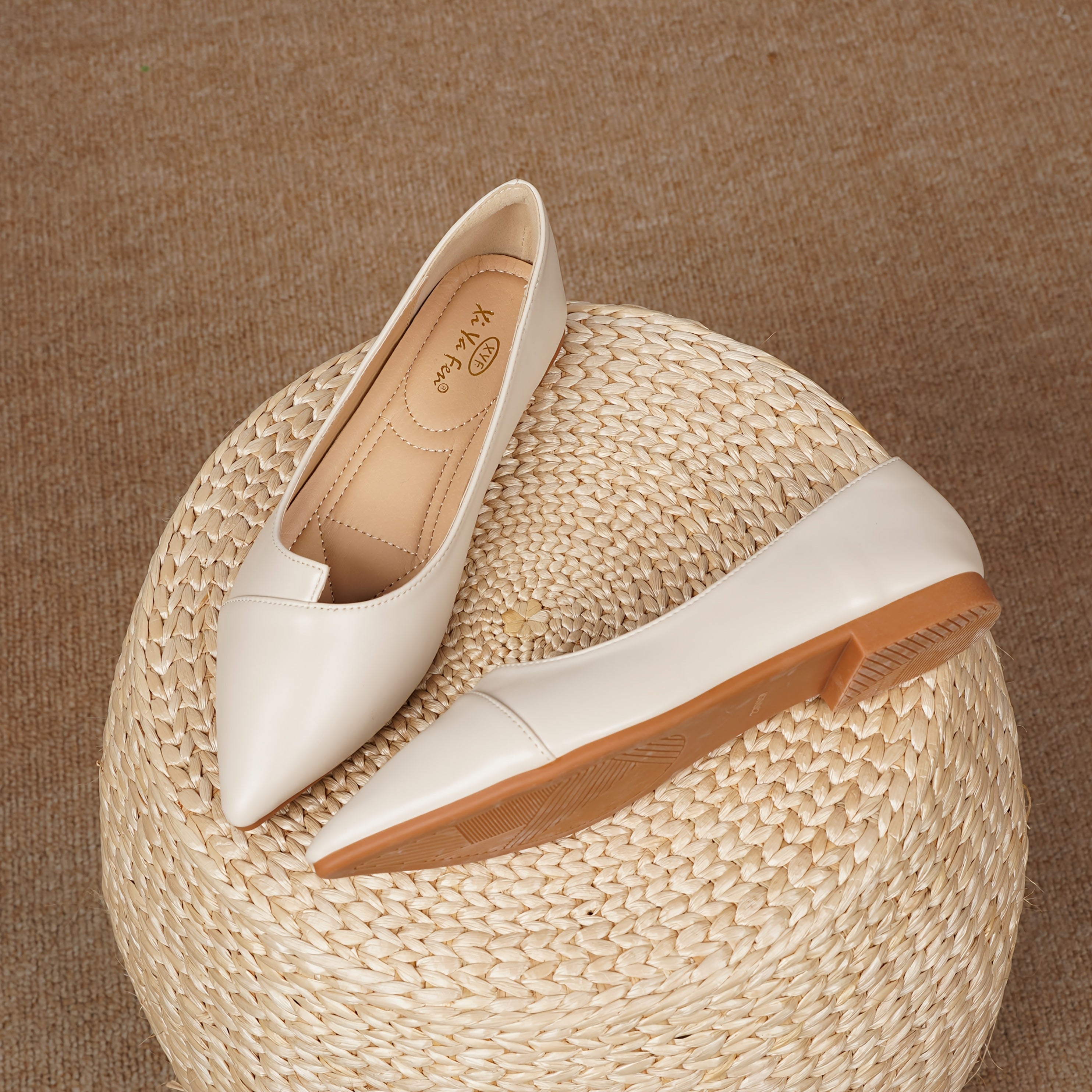 Women's Pointed Toe Flats Beige PU Slip-On Shoe All-Season Comfort