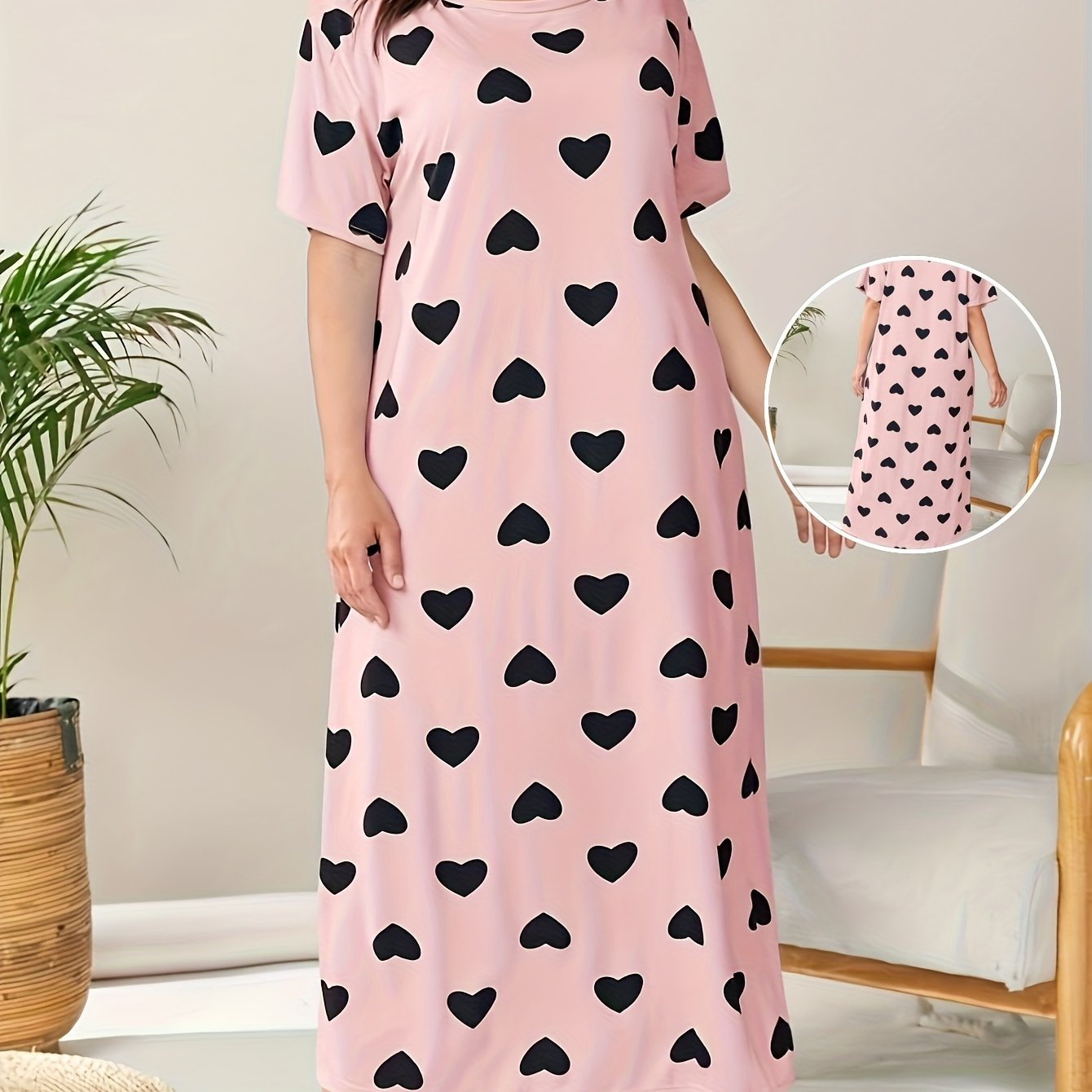 Women's Plus Size Heart Print Short Sleeve Sleep Dress