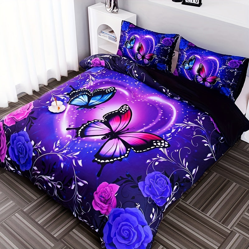 Butterfly Flower Digital Print Bedding Set 3-Piece Duvet Cover and Pillowcases