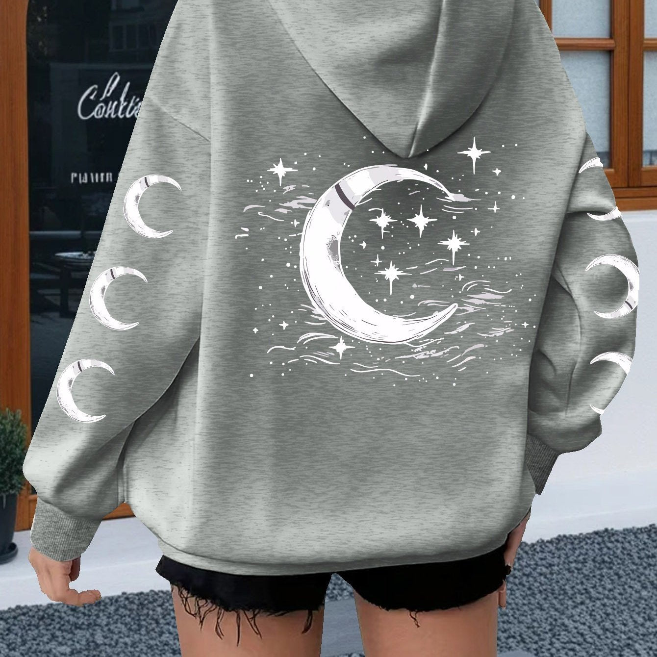Plus Size Women's Sun Moon Stars Print Hoodie Casual Long Sleeve Pullover