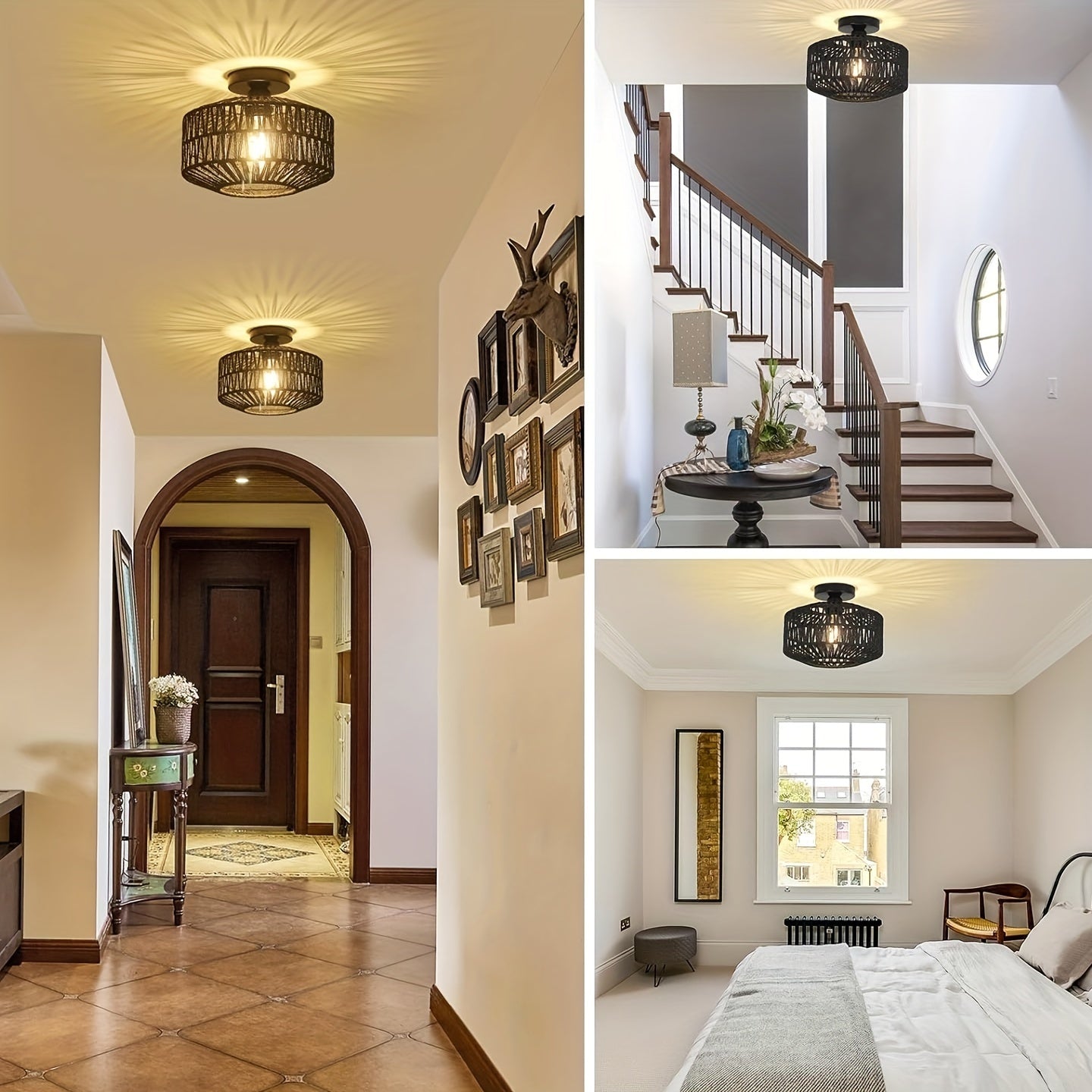 Bohemian Rattan Semi-Flush Mount Ceiling Light Fixture with Modern Metal Frame