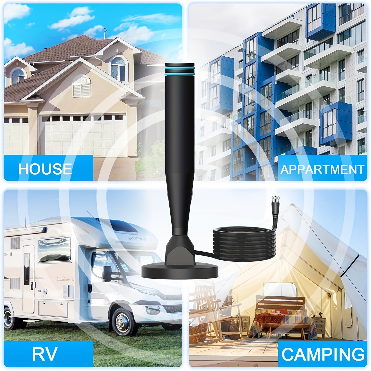 Antena de TV digital HD para interior y exterior, recepción de 360°, compatible con 4K y 1080P