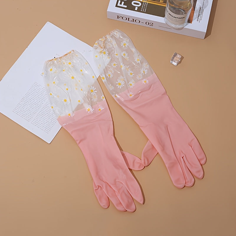 Водонепроницаемые перчатки для уборки из PVC с ярким узором из ромашек для кухни и дома