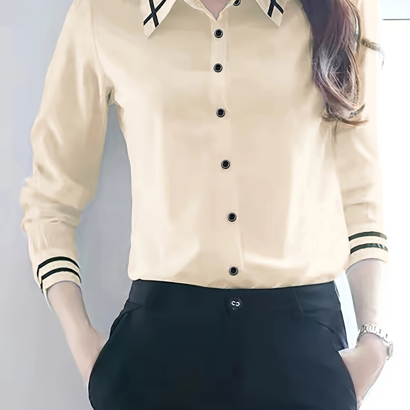Women's Beige Polyester Dress Shirt Long Sleeve Button-Up Office Casual Spring Summer
