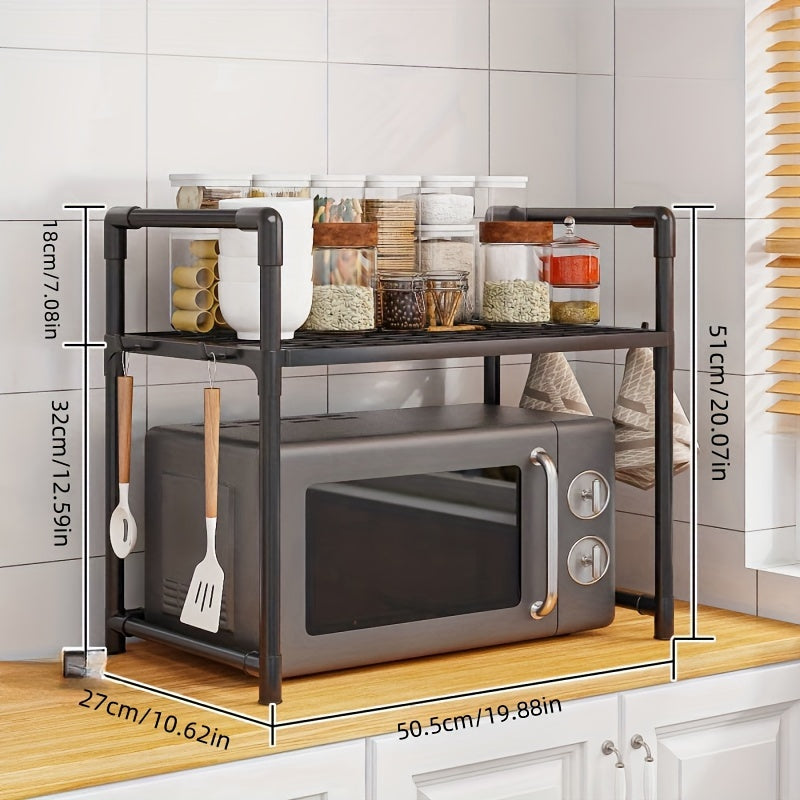Double Layer Plastic Microwave Oven Rack with Handle and Hooks Expandable Kitchen Organizer