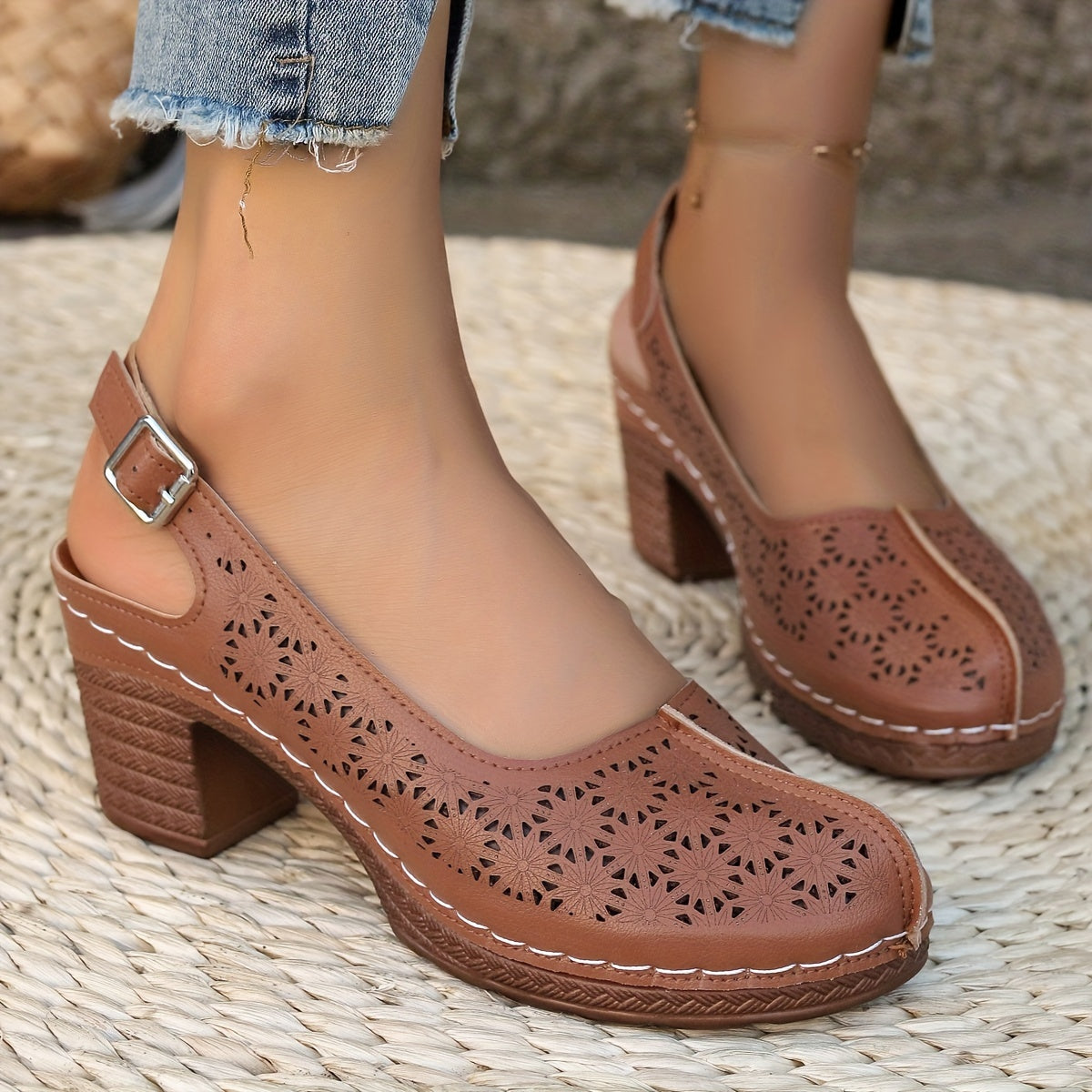 Women's High Heels Leather Closed Toe Strappy Chunky Heel Summer