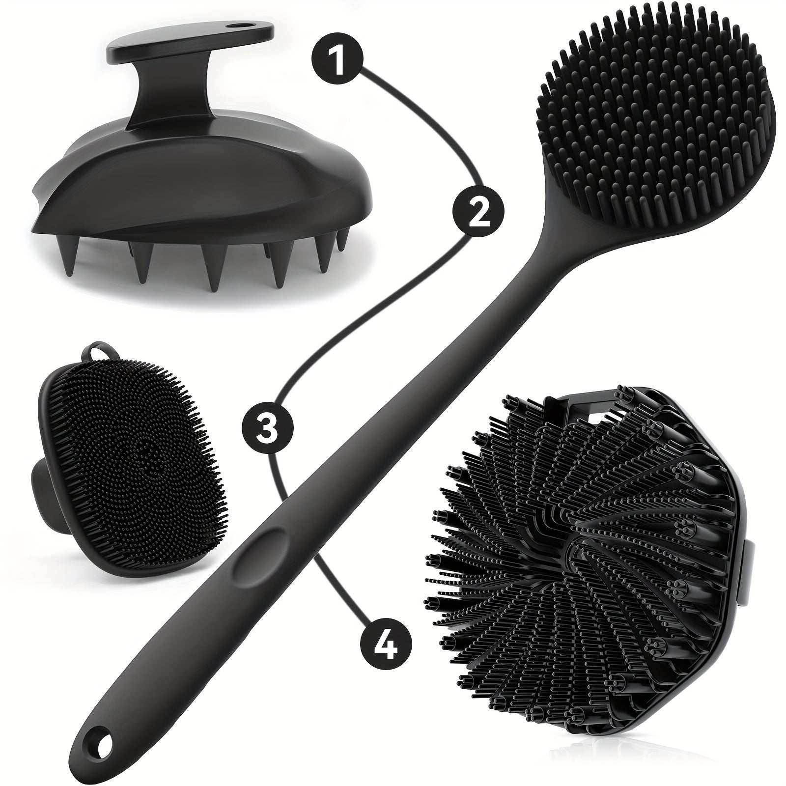4-Piece Silicone Bath and Shower Brush Set with Dual-Sided Long Handles for Back Face and Scalp Massage