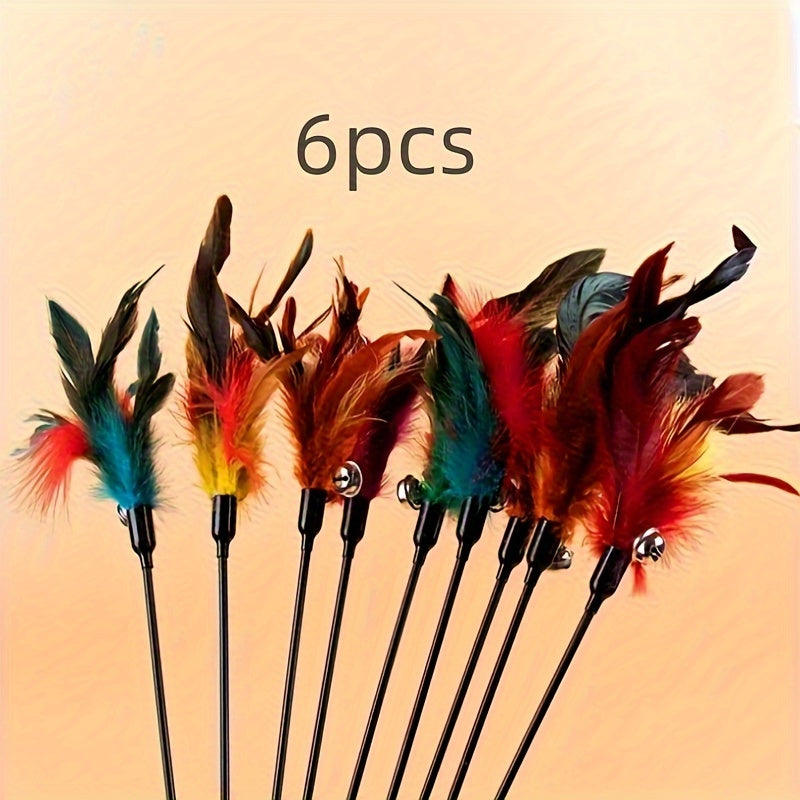 Juguete para gatos 6 campanas pluma mango de plástico teaser resistente a mordiscos para gatos