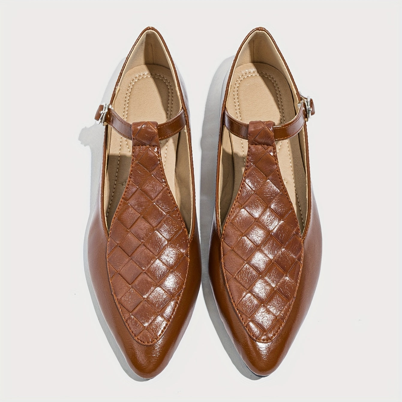 Women Brown Microfiber T-Strap Mary Jane Flats with Low Heel