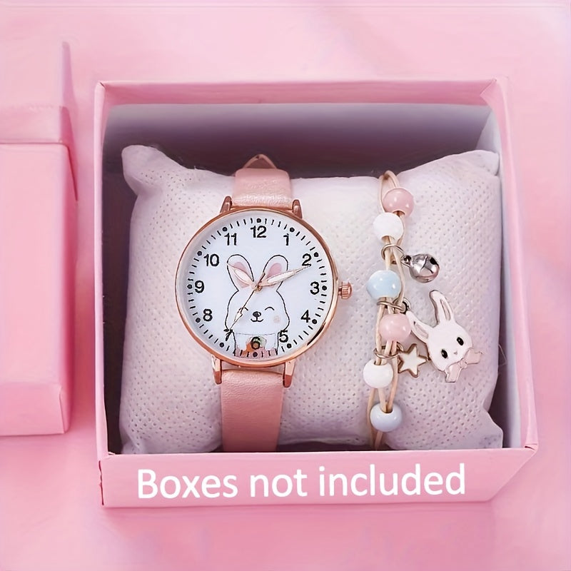Women's Rabbit-Inspired Watch and Bracelet Set with Faux Leather Bands