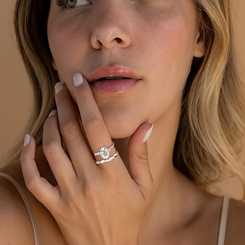 Sterling Silver S925 Bridal Set for Her Engagement Wedding Ring Stackable Zirconia