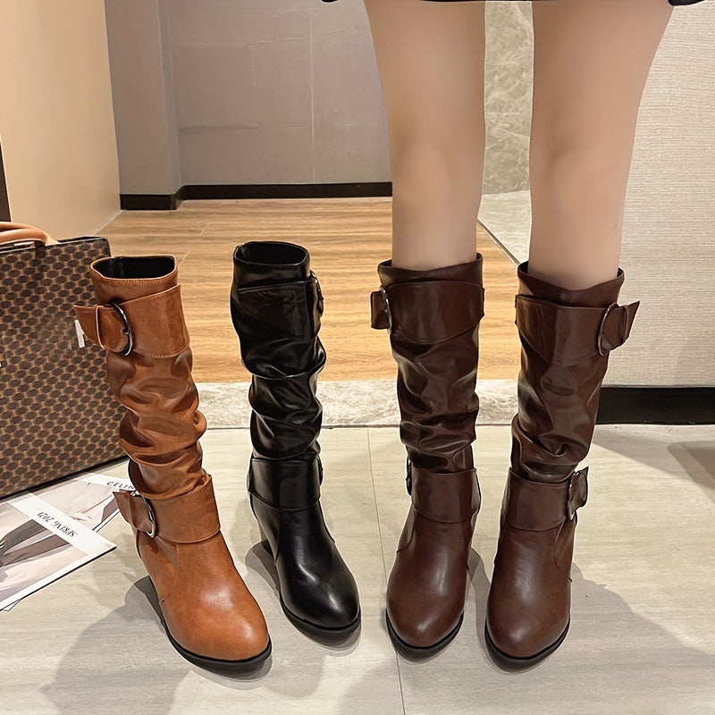 Women's Solid Color Casual Buckle Heel Round Toe Boots