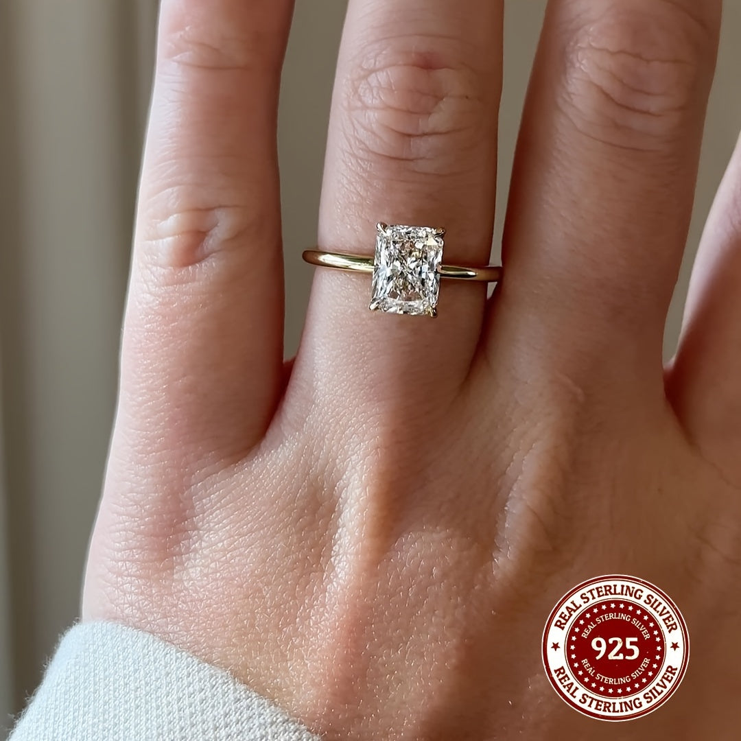 Стильное кольцо из 14-каратного золотого покрытия на стерлинговом серебре S925 с прямоугольным синтетическим кубическим цирконием, 2,5 г, доступно в 1CT/2CT/3CT - Идеальные элегантные украшения для отпуска в качестве подарков и на праздники.