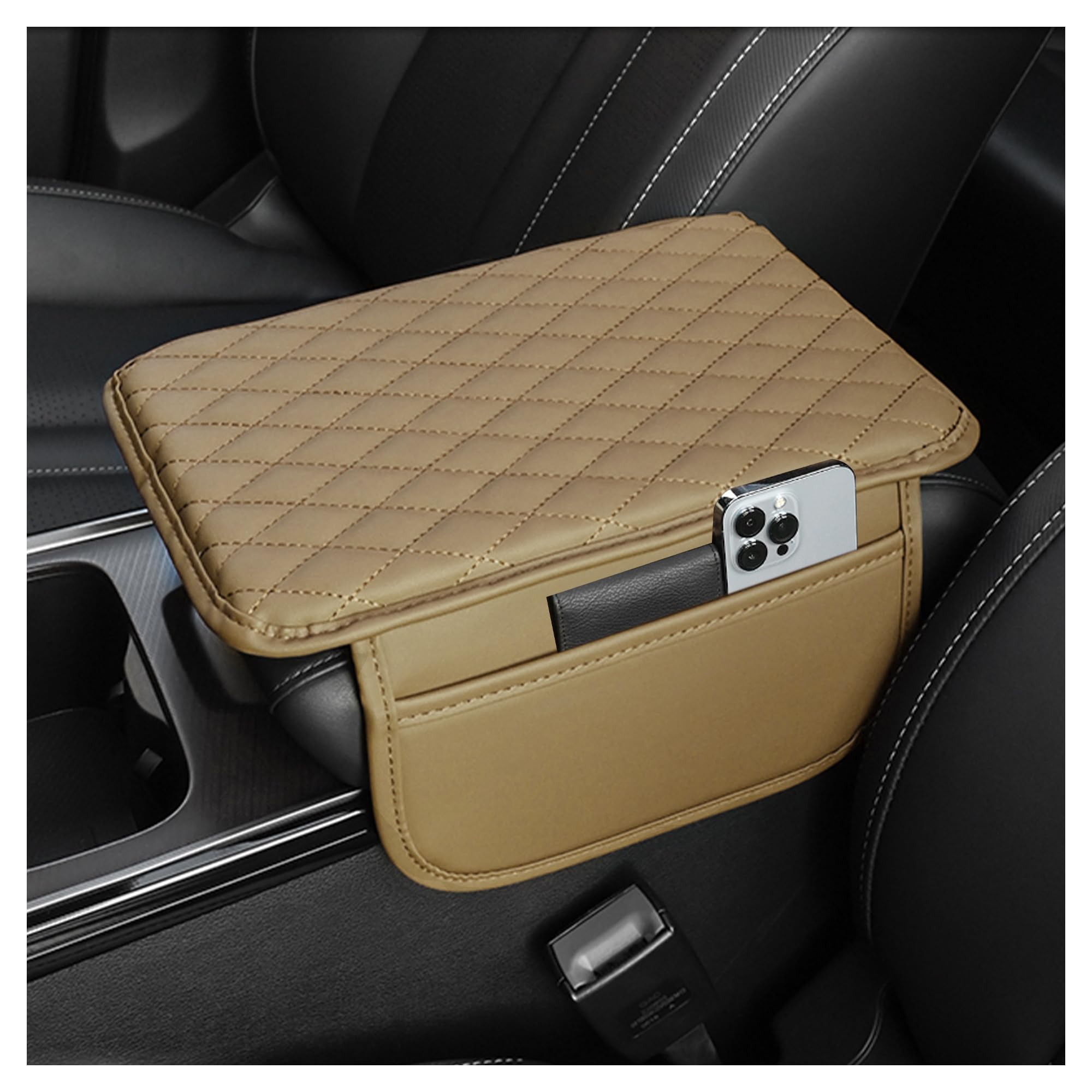 Car Armrest Cushion PU Leather with Storage Bags for Phones and Accessories