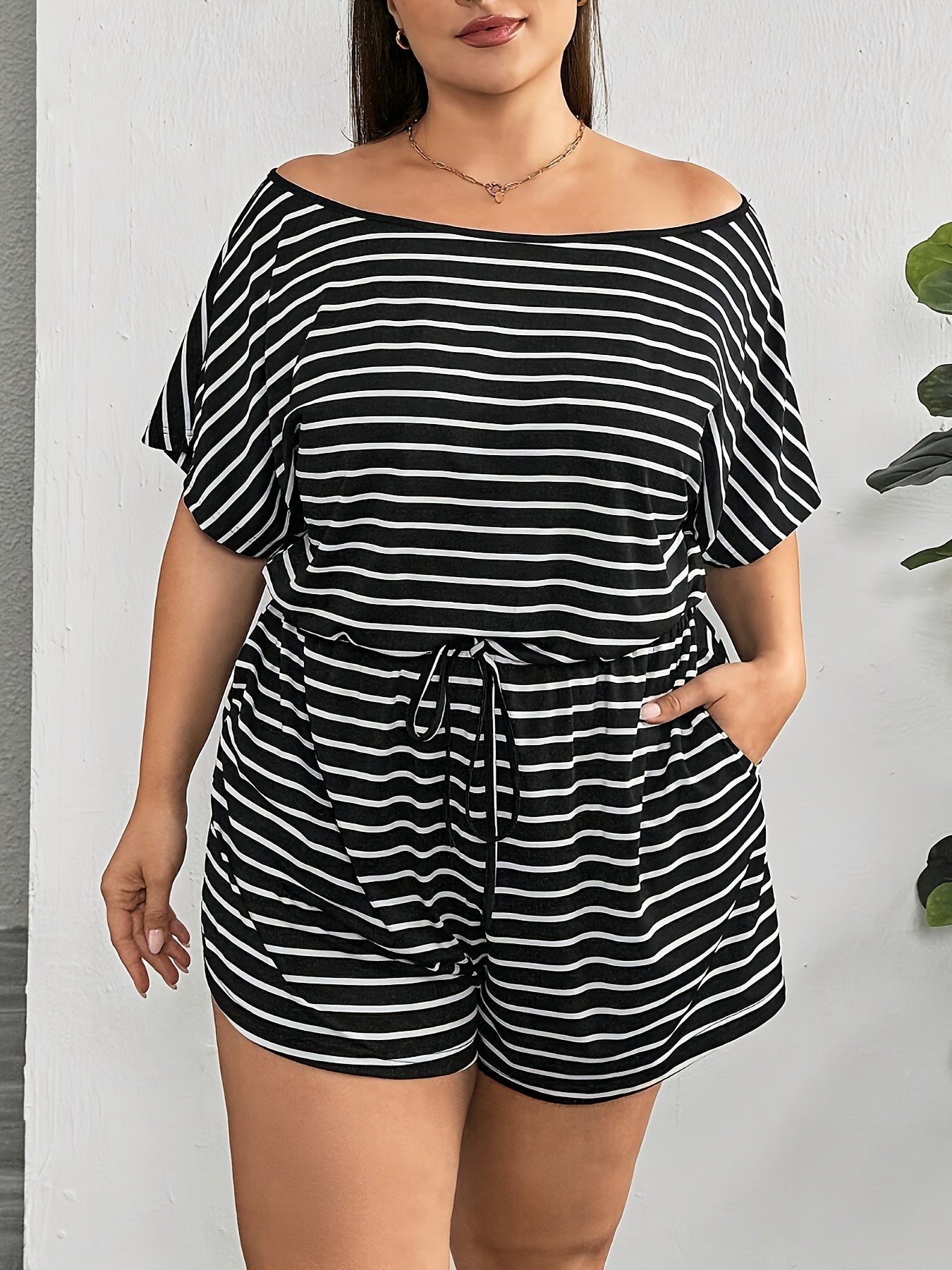 Plus Size Women's Striped Off-Shoulder Jumpsuit with Short Sleeves