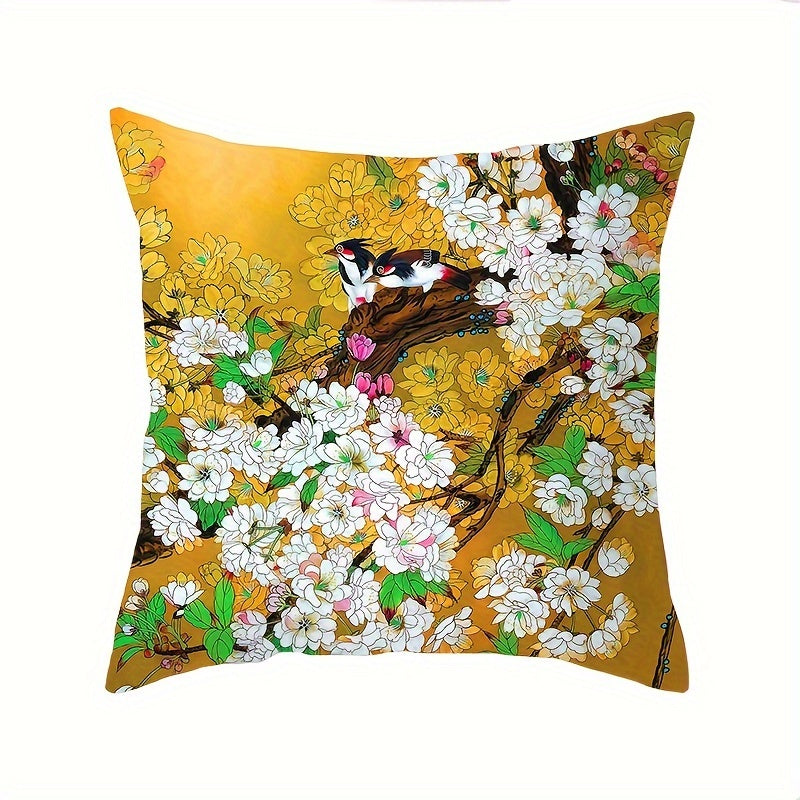 Floral and Bird Print Throw Pillow Cover Stain Resistant Polyester Zipper Closure