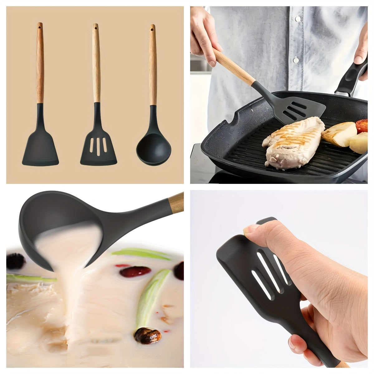 3 ta silikon non-stick pishirish asboblari to'plami, yog'och tutqichlar bilan, issiqlikka chidamli, suv o'tkazmaydigan qopqog'li qopqoq va qoshiq